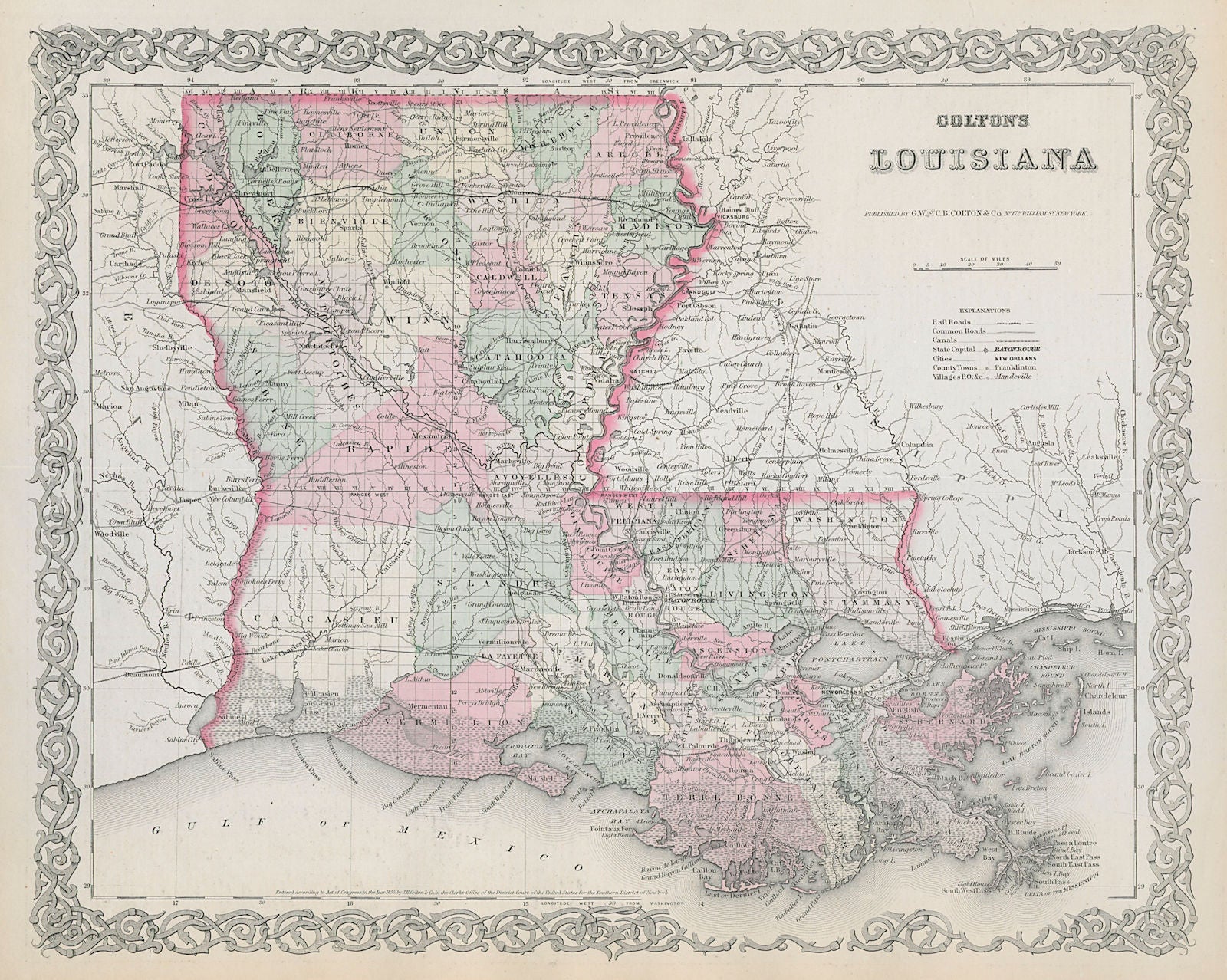 Colton's Louisiana. Decorative antique US state map 1869 old chart